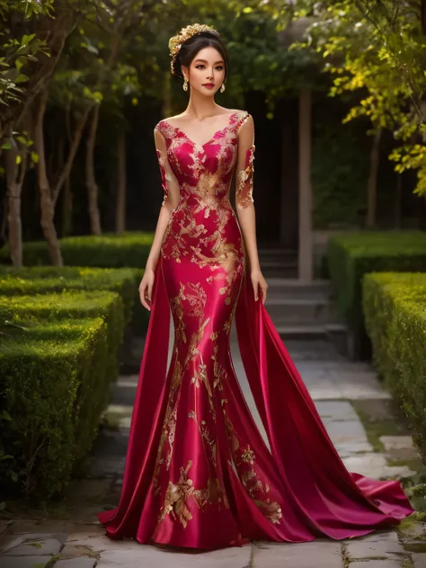 1 woman, age 25, intricate silk Chinese dress with lots of embroidery sheer with several large slits, no underwear, traditional hairstyle and Chinese makeup) wandering through a palace garden
masterpiece, best quality,Photorealistic, ultra-high resolution...