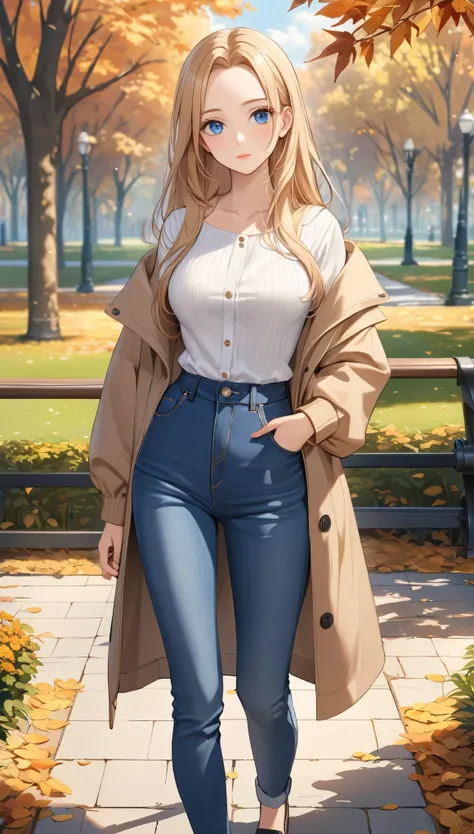 A young woman with beautiful blue eyes and long blonde straight hair with medium sized breast. She is wearing a classic outfit with (blue jeans:1.5). Outdoor setting in a park in daytime in fall, giving a casual and relaxed atmosphere. (Best quality, Maste...