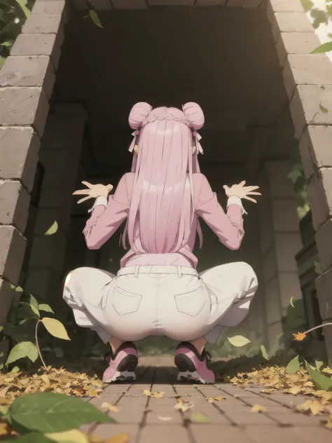 1peopleの女の子,  Embarrassed,blush,View Viewer, (people:1.2), (White hair ribbon:0.4), Pink Eyes,(((White bun hair))),(((Pink long hair))), Spread your legs,(egg_yukiko), squat, (Large colorful jersey pants),(), Line Off, smile, (((Eye highlights))), (((Small...