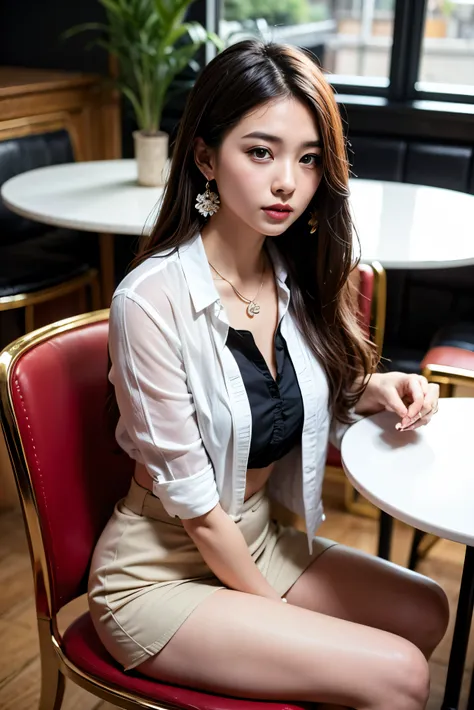 NSFW, A beautiful Asian woman sitting on a black chair in an indoor cafe. She is wearing a Fit white collared shirt under a jacket and a black short skirt and luxury jewelry necklace and earring. Straight Medium breasts. She has long dark hair and is looki...