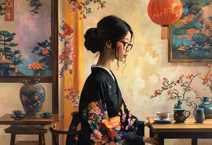 a girl relaxing in a high chair drinking coffee、wearing black-rimmed glasses、profile of a girl、smiling with closed eyes、in a sty...