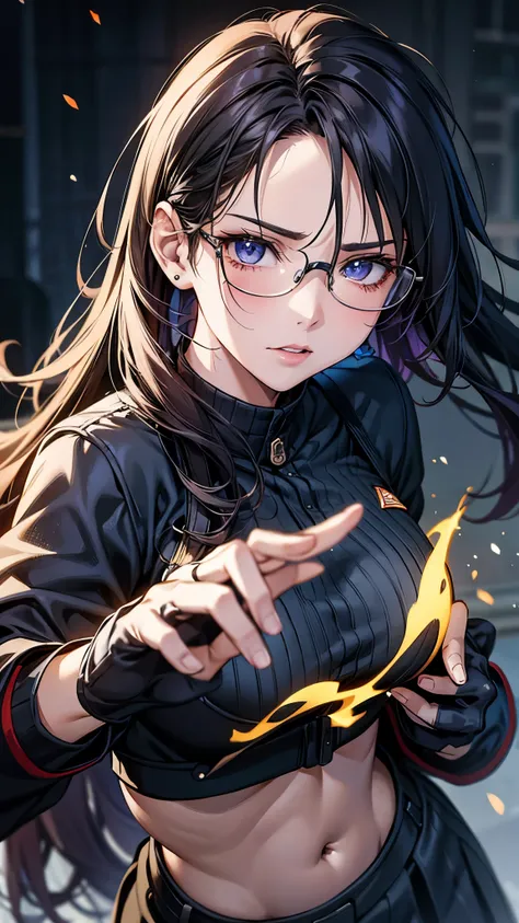 one  girl,long black hair,glasses,((full body)),fight,martial arts,grapple,((fingerless gloves)),school uniform,Long sleeve,Jacket,high socks,loafer,(best quality,4k,8k,highres,masterpiece:1.2),ultra-detailed,(realistic,photorealistic,photo-realistic:1.37)...