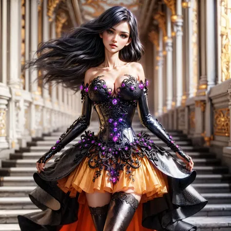 (Extreme HDR) (brightness FX) Photo of an asian woman gigantic Breast white skin with long hair flowing in the wind, wearing a black batik patterned costume, a V-cut strapless corset style batik dress made of carbon patterned satin, a very narrow and stiff...