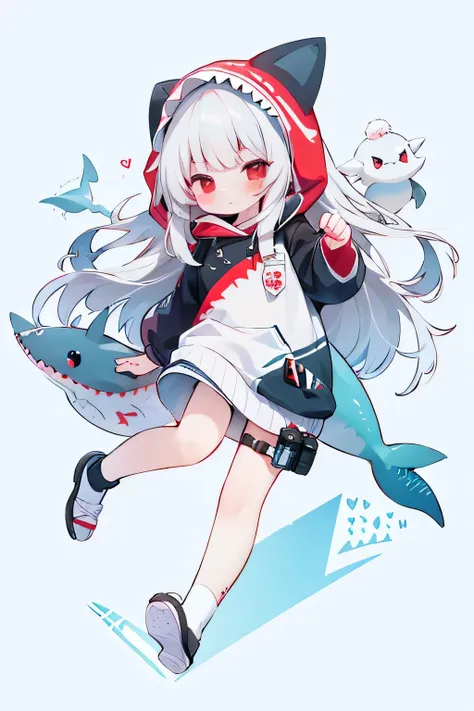 Silver hair, red eyes, long hair, cute face, white shark hood, shark tail fin ,