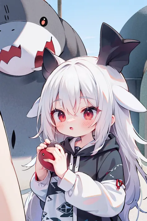 Silver hair, red eyes, long hair, cute face, white shark hood, shark tail fin ,