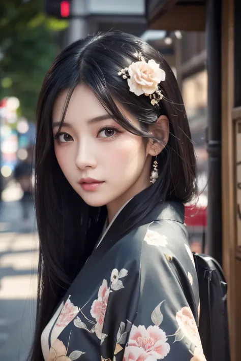 a woman with long black hair walking in a city street, beautiful detailed eyes, beautiful detailed lips, extremely detailed eyes and face, long eyelashes, detailed traditional japanese kimono, intricate floral patterns, soft natural lighting, vibrant color...