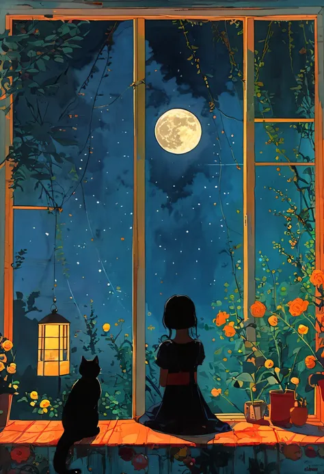 today is the mid-autumn full moon day、a girl and a cat are looking at the full moon in the night sky from inside a room、outside ...