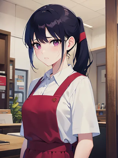 masterpiece、Highest quality、 ,break (2 woman with bangs) and (low ponytail) and (black hair) and (purple eyes) break、white polo shirt、Red Apron、Are standing、The background is the office、The upper body is shown、alone、(sad:1.5), (tears:1.1)