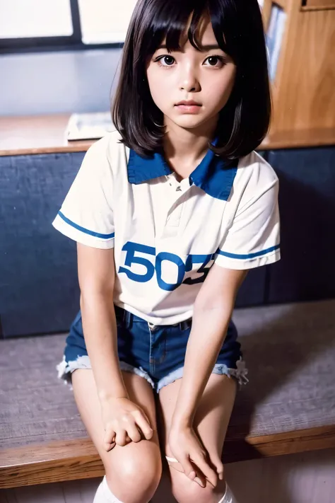 Elementary school in the 70s,Beautiful girl dressed as a boy from the 70s.,She is cute and pretty like an idol...,She is pure and innocent.,She is wearing a rugby shirt。,extremely short denim shorts,Beautifully hemmed denim shorts,High socks and sneakers.S...