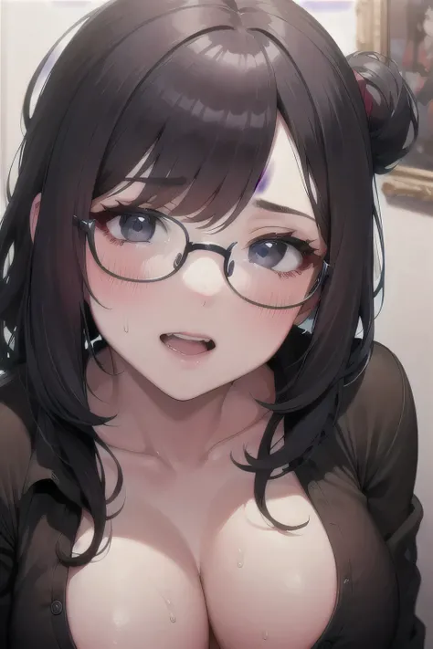 ((best quality)), ((masterpiece)), (detailed), perfect face. Black hair. Ponytail. Anime girl. Black eyes. Glasses. Sweat. Vagina.