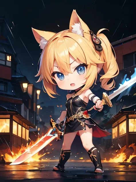 (((Super cool blonde chibi character with sword)))、(((A blonde metal girl chibi character fighting a typhoon and torrential rains)))、(((A blonde chibi character fighting a typhoon with a flaming sword)))、Chibi character attacking with sword flames、(((Metal...