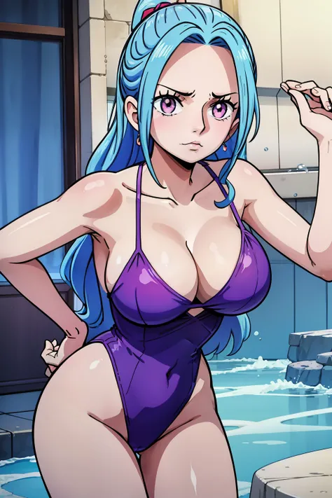 Cute girls,round purple eyes, blue hair、[without a bra、Medium to long straight hairstyle，、（Bigboobs,，she Wear a blue swimsuit,  blue swimsuit，In a rental house，esta de pie，evening，it was raining outside，Upper .,cuerpo completo,blue swinsuit,blue swimsuit,s...