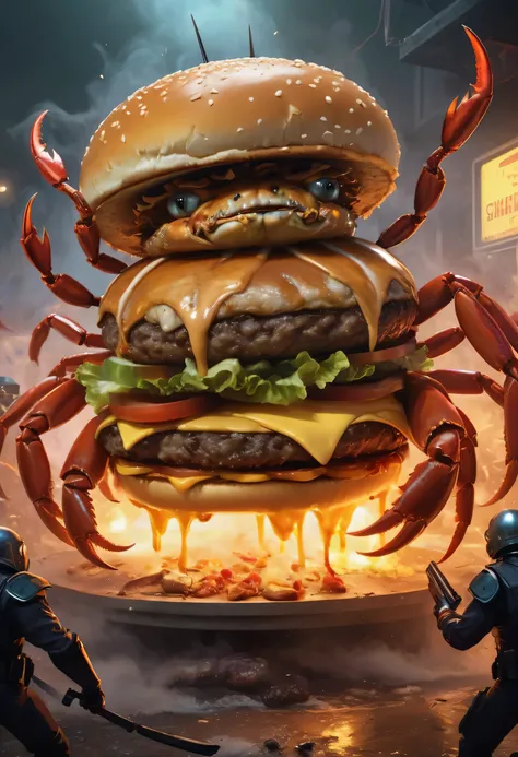 (High resolution, Realistic),Hamburg Crab Corps，With modern weapons,Every burger club has crab legs，Crab claws，The body is a hamburger，Burger Monster, Tentacles wrapped around a burger,Anthropomorphic hamburger，Stroll through the Hamburg Crab Corps，Dress u...