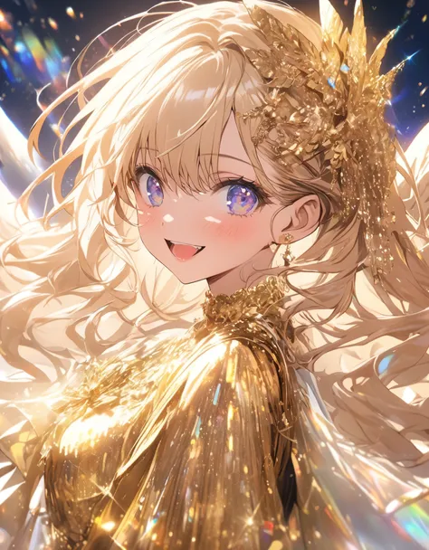 Prism lens, masterpiece, 10 years girl, gold beautiful glitter hair, smile, gold beautiful glitter dress, faced the front, ((ride the Glowing Pegasus)), sparkling beautiful starry sky background