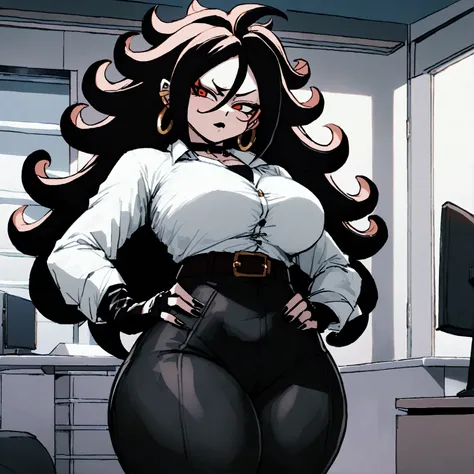 Android 21 from dragonball, black hair, long hair, curly hair, red eyes, hoop earrings, goth girl, black lipstick, black eyeshadows, office work shirt, long sleeves, belt, black suit pants, thick thighs, narrow waist, inside office, white shirt, fingerless...