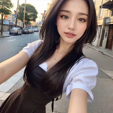 ((Best Quality, 8k, masterpiece :1.3)), 1 girl, Take a selfie, close, smile, Slim face, Beautiful woman, (Dark Brown Hair), Full-length dress :1.1, Highly detailed face, Beautiful Eyes, Double eyelids,  Blur the background, Slim face, city, outside, street...