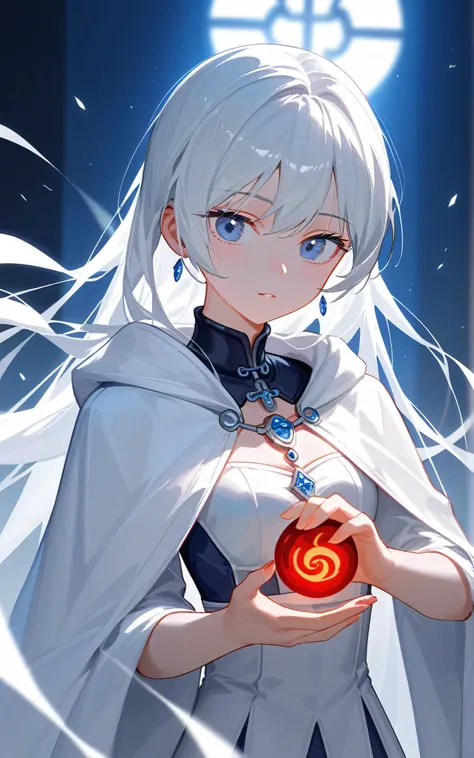 White-haired anime girl wearing a white cloak，Holding a red object in hand, Pale young ghost girl, Gu Weiss, Gu Weiss on pixiv artstation, White-haired deity, Gapmo Yender, by Shitao, artwork in the style of Gu Weiss, Gu Weiss on artstation pixiv, Top rate...