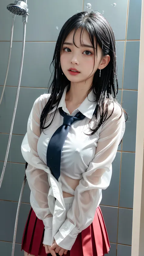 (masterpiece, Best Quality:1.2), 8k, Official Art, RAW Photos, Unbelievably absurd, (whole body, High School Uniform:1.4), beautiful girl, 1、Cute Face, Arched back, White shirt、Navy blue pleated skirt, close, , Long sleeve, Gardenia, violet, (Frosted Glass...