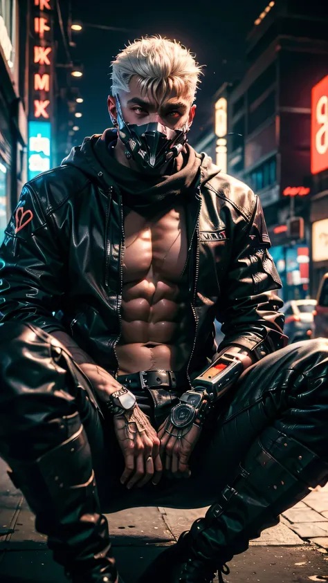 "dark theme :: closeup face focus, ultra realistic futuristic cyberpunk muscular male white hair sitting :: cyberpunk face (cyber eyes) :: cool cybernetic punk jacket red neon eyes :: shirtless:: mechanical intricate mask :: natural lighting :: bokeh :: 8k...