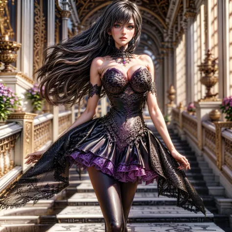 (Extreme HDR) (brightness FX) Photo of an asian woman gigantic Breast white skin with long hair flowing in the wind, wearing a black batik patterned costume, a V-cut strapless corset style batik dress made of carbon patterned satin, a very narrow and stiff...