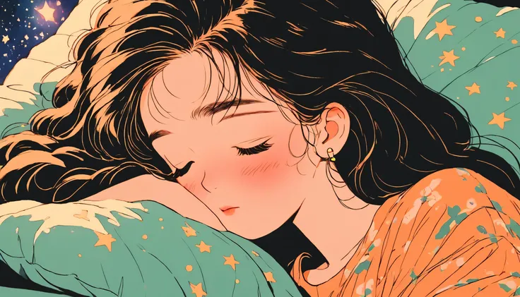 90s anime style, 1990s style, clear, 1980s style, (blush:1.7), the highest quality, 8k, close up, lofi girl, lofi art, lofi feeling, very big eyes, sleeping girl, a orange braided hair, cute, sleep with her head on the pillow, solid black background with n...