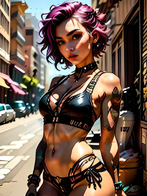 (high quality, best rendering), (beautiful girl), amber eyes, purple hair(bombshell, pin-up style), psychopath, crazy face, sexy pose,ripped jean short shorts, black tank top with a skull logo, pastel, centered, scale to fit dimensions, micro thong, micro ...