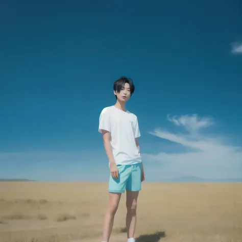 in a vast open space with only blue skies and grasslands, a slender and handsome japanese male stands alone. he is wearing a whi...