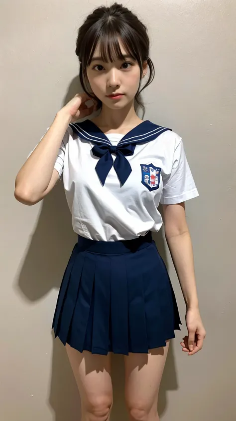 Twin Cordage, Japanese high school girls, two girls, white sailor school shirt, Legs, thin thighs, navy blue high-waisted pleated skirt, ribbon with dark red thin bow in hair, 1, bangs, slight smile, knees, short cut hair, from below、Full body, full body, ...