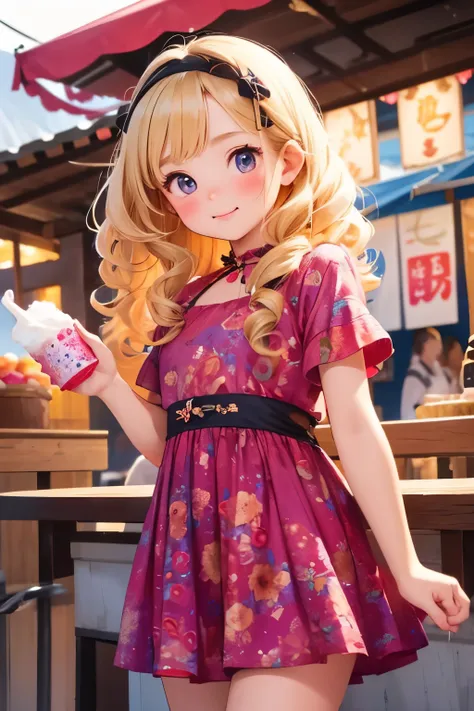 best quality, one little girl，cute young very , blonde, curly hair, evil ，floral dress，i want to eat shaved ice at a festival ni...