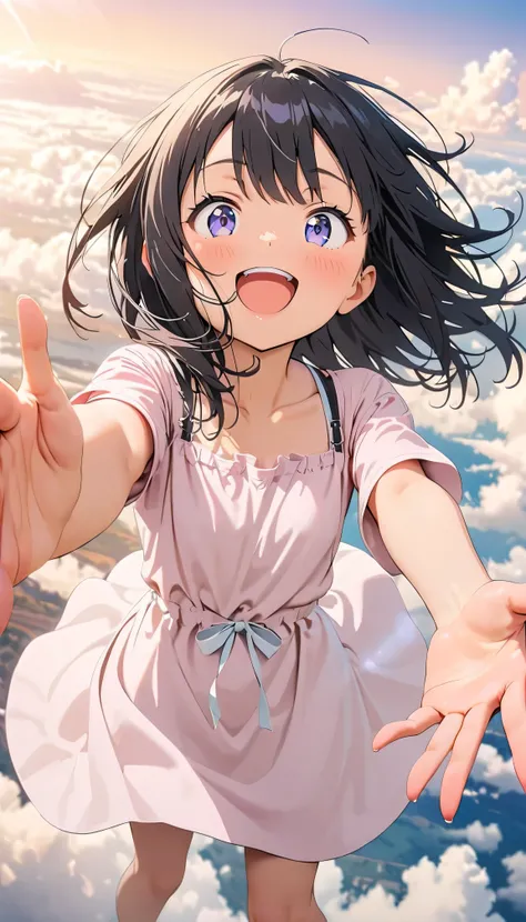 Highest quality, Very detailed, up to date, Vibrant, masterpiece, Highest quality, Best aesthetics, Floating in the sky, on the clouds, Pastel clouds, fly in the sky, Blurred Background, Above, One woman, Black Hair, face up shot, smile, big smile, Get exc...