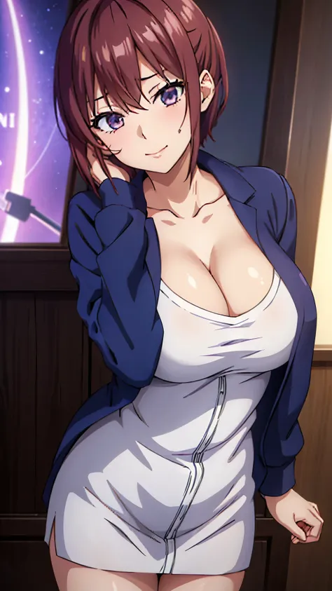 (((masterpiece))),fuyumi itadori, Anime girl characters, 1girl, solo, looking at viewer, medium hair long sleeves, cleavage, bigger breasts, closed mouth, collarbone, jacket, open clothes, open jacket, blue jacket, ground vehicle, sports bra, tall girl, ho...