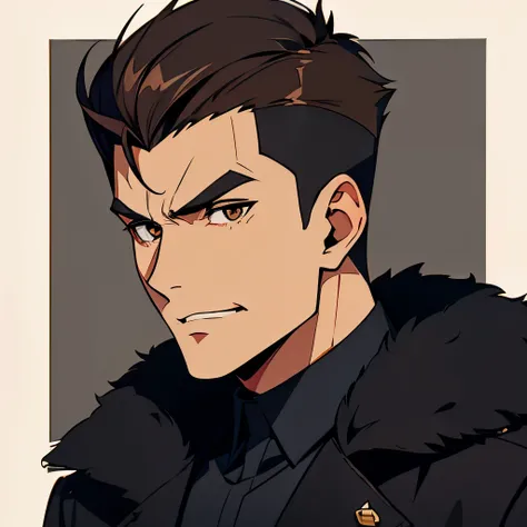 Evil man with dark brown hair shaved on the sides with bangs, brown eyes, black fur coat, black shirt, black trousers, black leather army boots