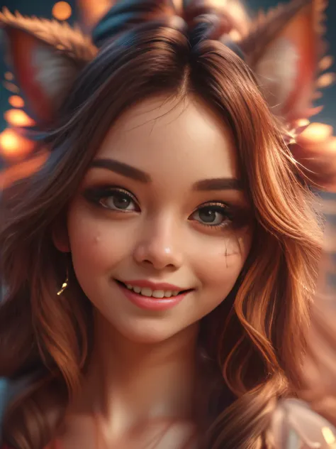 (Best Quality, Super Detailed, masterpiece, representative work, official art, professional, super high detail, 8k:1.3, Realistic:1.37) Cute girl face wearing cat ear hat, Beautiful detailed eyes, Beautiful detailed lips, Demonic smile, Vivid colors, Red h...