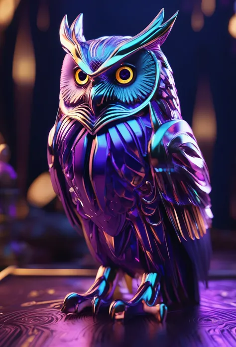 Illustration of an owl with metallic purple eyes, Unreal Engine Rendering + Beast God, Very detailed , B Global Illumination, Exquisite and gorgeous jewelry, Top Trends on cgisociety, Motion Graphics, rossdraws Global Illumination, CG Association