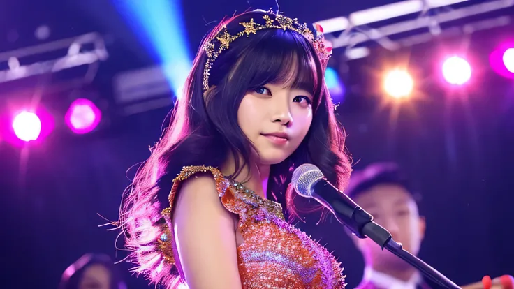 1girl, solo, best quality, masterpiece , Ruby Hoshino,  hair ornament, sparking eyes, star on eye, (star on right eye:1), (dress:1.4), (concert1), on the stage,