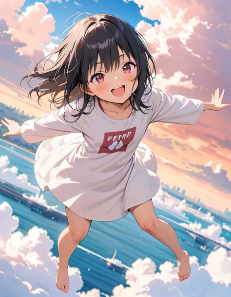 Highest quality, Very detailed, up to date, Vibrant, masterpiece, Highest quality, Best aesthetics, Floating in the sky, on the clouds, Pastel clouds, fly in the sky, Blurred Background, Above, One woman, Black Hair, full body shot, smile, big smile, Get e...