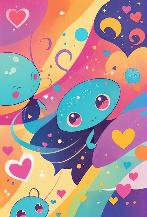 Micho colorful style, Simple Line Initialism，Abstract art, girls, colorful hearts, funny design, (((Cute Aliens))), The background is space