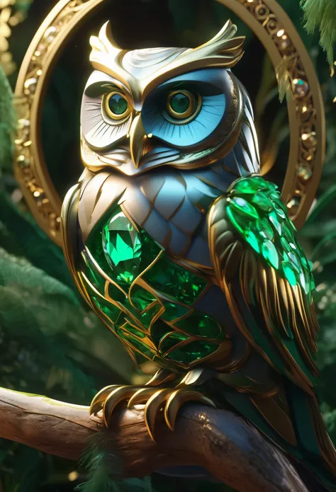 Illustration of an owl with emerald eyes, Unreal Engine Rendering + Beast God, Very detailed , B Global Illumination, Exquisite and gorgeous jewelry, Top Trends on cgisociety, Motion Graphics, rossdraws Global Illumination, CG Association