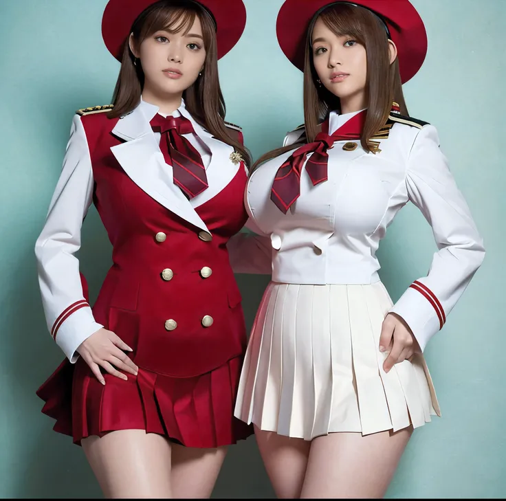 8K quality, Masterpiece, Bright lighting without shadows, Two slim-waisted, busty women standing side by side facing the camera, A crimson sailor collar and pleated skirt uniform, (Her uniform is stretched to the brim by the size of her huge breasts.:1.2),...