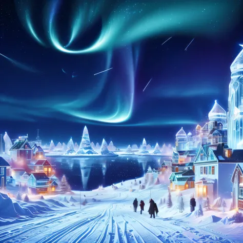 People live in the Arctic.A person is observing the sky in the North Pole, and the stars are rotating in the sky, and the stars are moving, which is very dreamy.Harmony between man and nature。Build a big city with lots of people living in it,Busy。