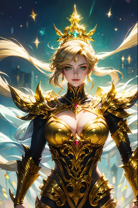 Ultra HD、Ultra-clear、Beautiful, white, clear skin、Beautiful and well-proportioned face、Cute smile、Saint Seiya of Libra、Covered entirely in golden armor、Holy knight in golden armor、Platinum tiara、Golden armor covered in ornate carvings、Heavy golden armor、Be...