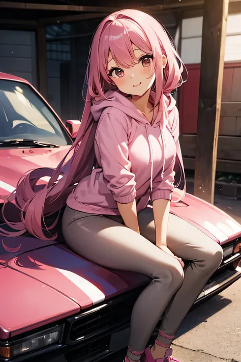 tmasterpiece），（best qualtiy），（highly detailed），（illustratio）one-girl，(best quality:0.8) perfect anime illustration, a pretty, happy woman with long tied up pink hair in a garage in the city, wearing a pink hoodie, brown leggings, lying on a car, face in th...