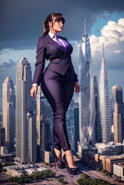 A young mother and her two daughters aged 18 and 20 each taller than 7 foot all wearing gray pinstriped trouser suits, white shirts heels and a larger paisley necktie. Large breast giantess art tiny city Young adult 1 woman, beautiful curves a massive curv...