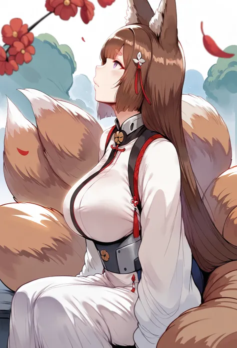 Hews style, 1girl, Amagi (azur lane), fox girl, fox ears, long hair, brown hair, blunt bangs, purple eyes, fox tail, multiple tails, thick eyebrows, hair ornament, large breasts, looking up, profile, night park background, sitting, sad face