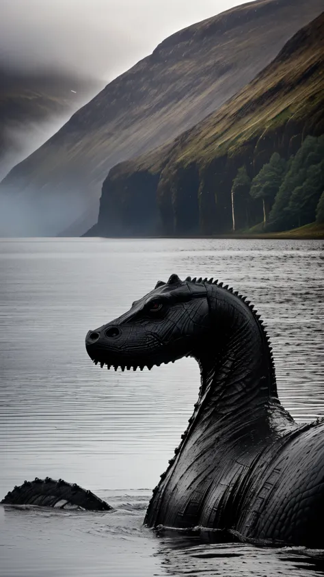 "A close-up of the Loch Ness monsters head and neck peeking out of the water, with curious, ancient eyes and reptilian skin reflecting the cold Scottish landscape, while the hills in the distance are covered in mist."
