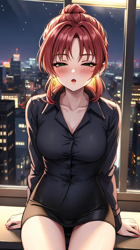 （（super high quality,））（（Ultra-high resolution,））（16k,）（super masterpiece,）（（Ultra HD ,））（Detailed shading,）Looking at the camera,One sexy woman,Hair tied up,Popped tight open collar BLACK shirts with the second button undone,Long sleeve,Open your shirt wi...