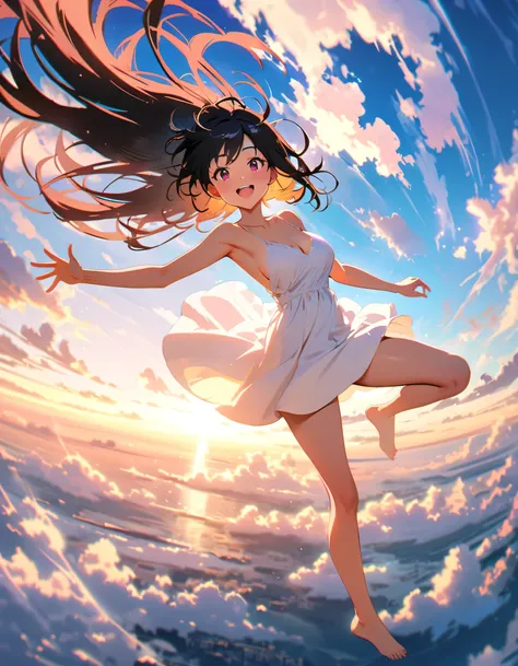 Highest quality, Very detailed, up to date, Vibrant, masterpiece, Highest quality, Best aesthetics, Floating in the sky, on the clouds, Pastel clouds, fly in the sky, Blurred Background, Above, One woman, Black Hair, full body shot, smile, big smile, Get e...