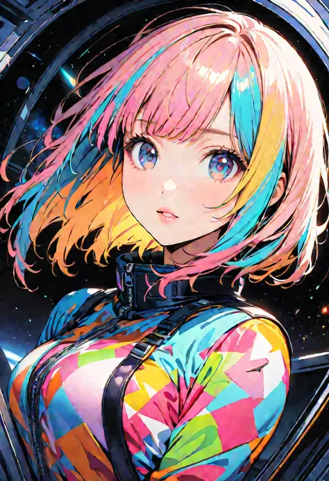 (highest quality:1.2, City Pop Style, Very detailed, up to date, Vibrant, High Contrast, masterpiece:1.2, highest quality, Best aesthetics), Ultra-realism Momoko Sakura colorful style, Simple Line Initialism，Abstract art，(((The most beautiful girl of all t...