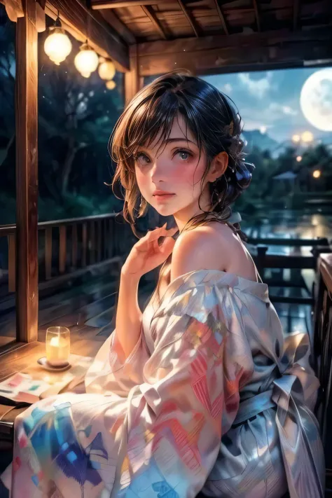 beautiful cute young girl, middle-breasts, beautiful details(face,hair,shoulder,eyes,longeyelash,lips),bangs,bare-shoulder,sitting on the porch of a thatched roof swaying in the night breeze,turn off the lights,a girl wearing off a front open yukata lookin...