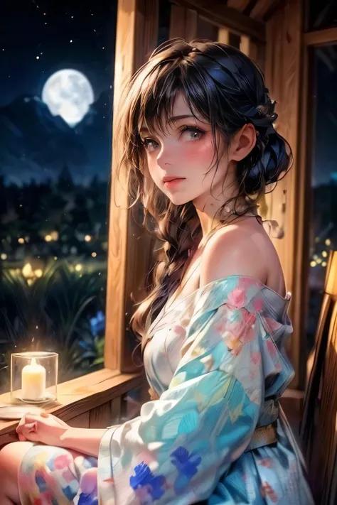 beautiful cute young girl, middle-breasts, beautiful details(face,hair,shoulder,eyes,longeyelash,lips),bangs,bare-shoulder,sitting on the porch of a thatched roof swaying in the night breeze,turn off the lights,a girl wearing off a front open yukata lookin...